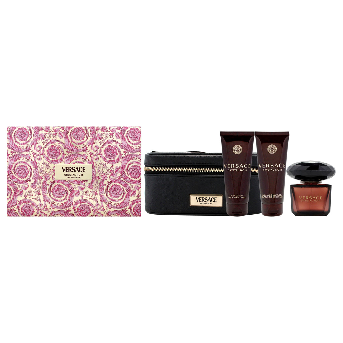 Versace Crystal Noir four-piece gift set with 90 ml Eau de Parfum, 100 ml body lotion, 100 ml shower gel and black beauty case